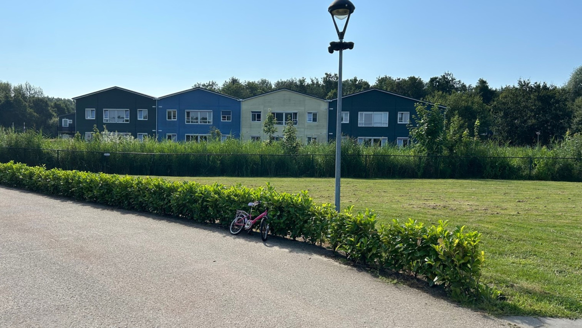 Zeewolde zomer 2024: vier grote, gekleurde houten woningen met een groot grasveld ervoor.